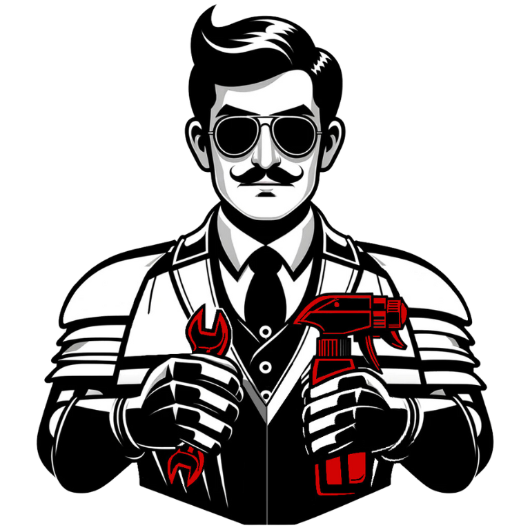 Black and white illustration of knight in sunglasses holding a red wrench and spray bottle.