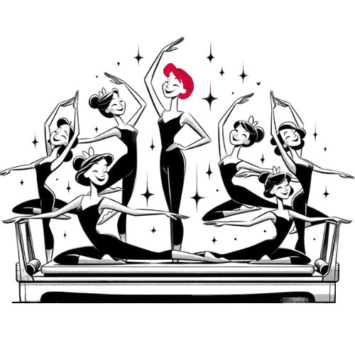 Black and white illustration of dancers on a table. Central dancer has red hair.