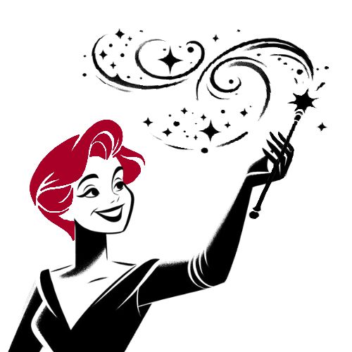 Black and white illustration of women waving magic wand. Her hair is red.
