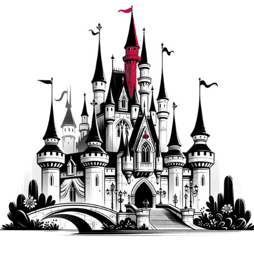 Black and white illustration of a magical castle, with top spire in red.