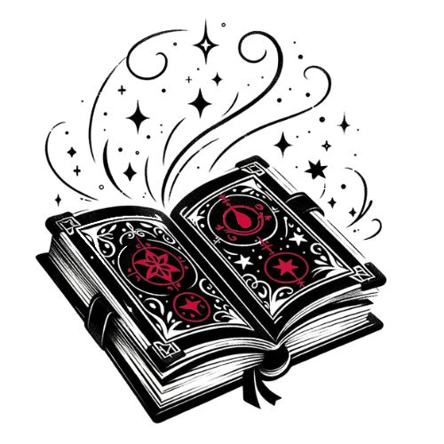 Black and white illustration of magical book open to middle page. Some symbols on the pages are red.