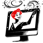 Illustration of smiling woman with magic wand coming out of a computer screen with magic elements swirling around her.