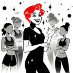 Illustration of smiling woman with red hair speaking in front of group of women all clad in exercise clothes.