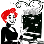 Illustration of smiling woman with red hair gesturing to a computer screen.