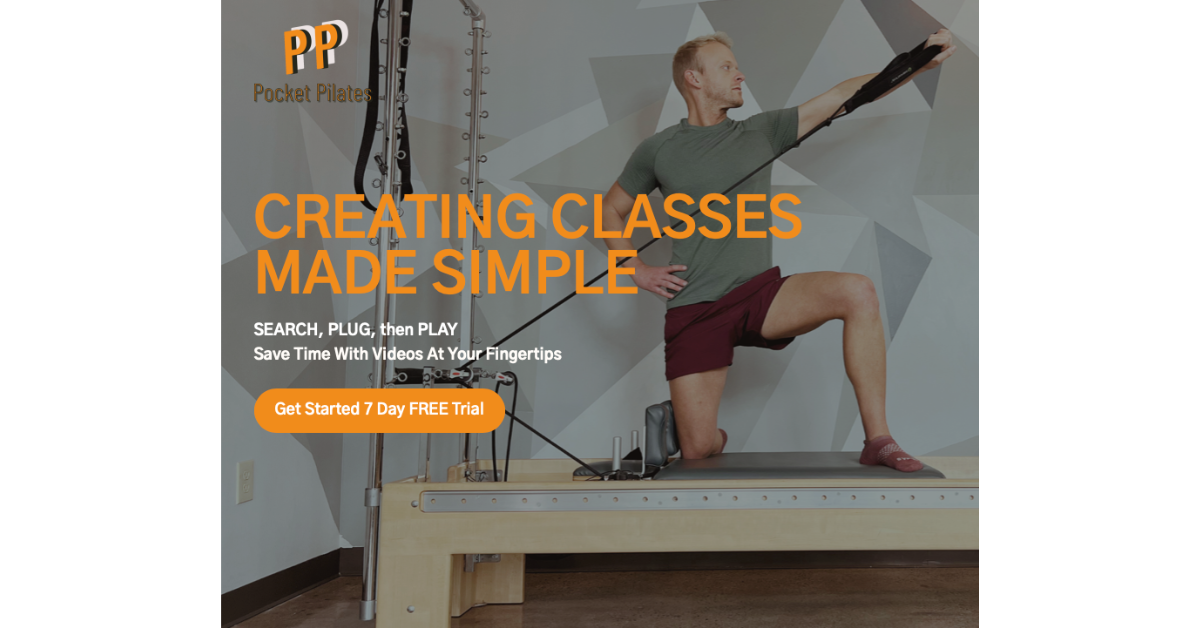 Man using Pilates Reformer advertising for Pocket Pilates app