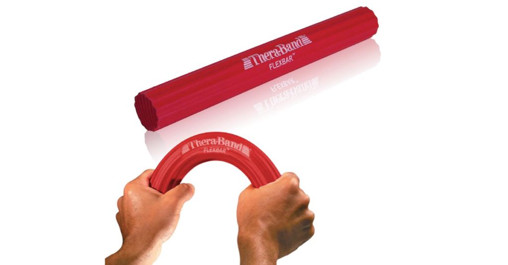 Hands bending a flexible bar for exercise